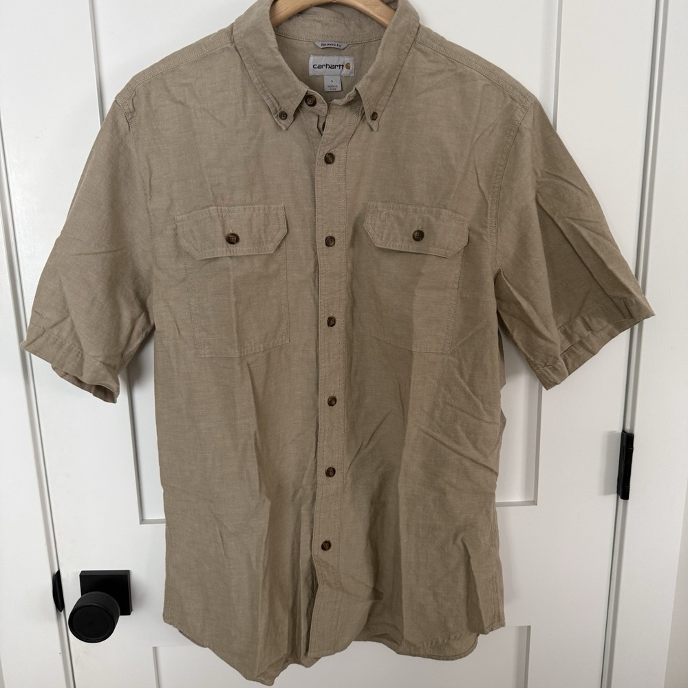 Carhartt Mens LG Relaxed Fit Short Sleeve Cotton Button Down Tan/Khaki Workshirt